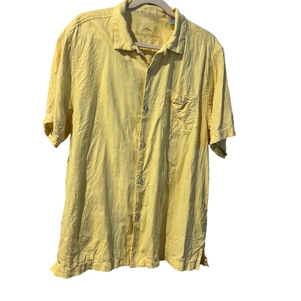 Tommy Bahama Mens Large Yellow 100% Silk Jacquard Leaf Short Sleeve Button Shirt